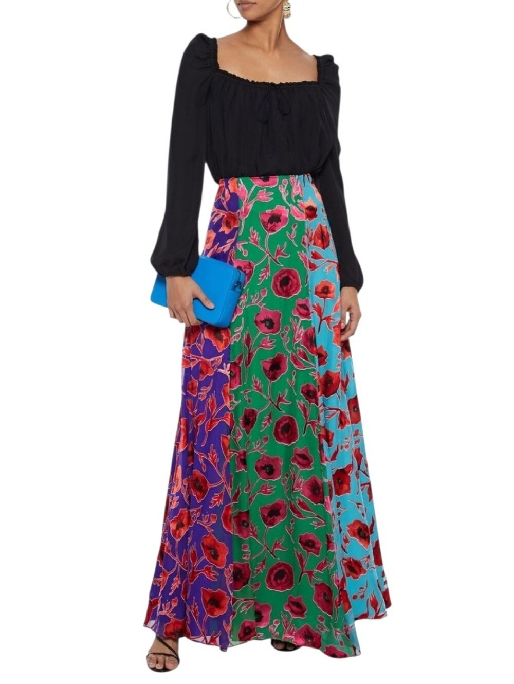 Alice + Olivia Aquinnah Panneled Lined Maxi Skirt Burn Out Red Poppies size 2